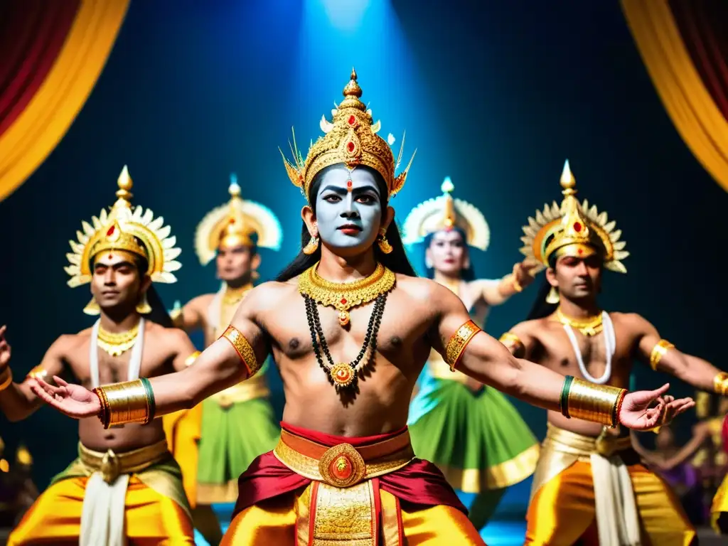 Colorida representación del Ramayana en Asia, con vestuarios vibrantes y escenario impresionante