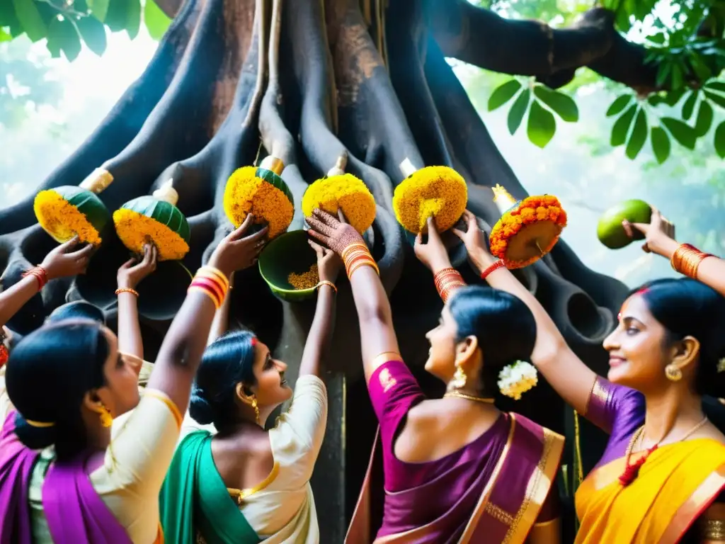 Coloridas mujeres celebran el Festival hindú amor conyugal bajo un árbol sagrado, con ofrendas y diseños de henna