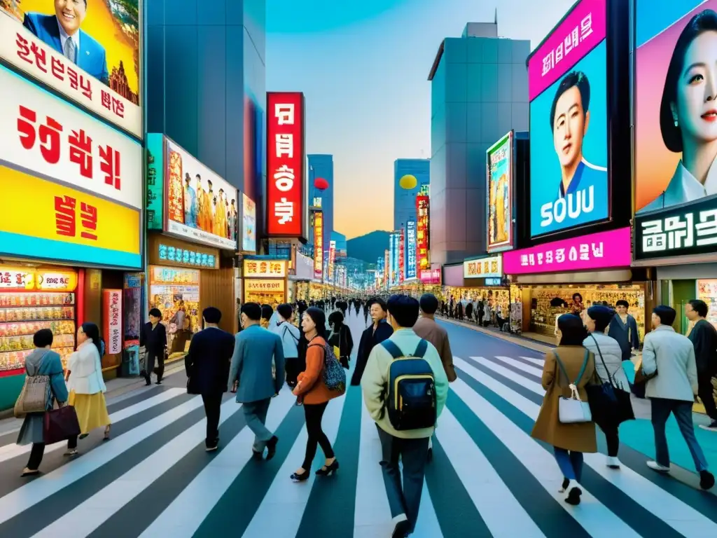 Coloridas películas asiáticas conquistan audiencias globales en bulliciosa calle de Seúl, con carteles de cine y luces de neón