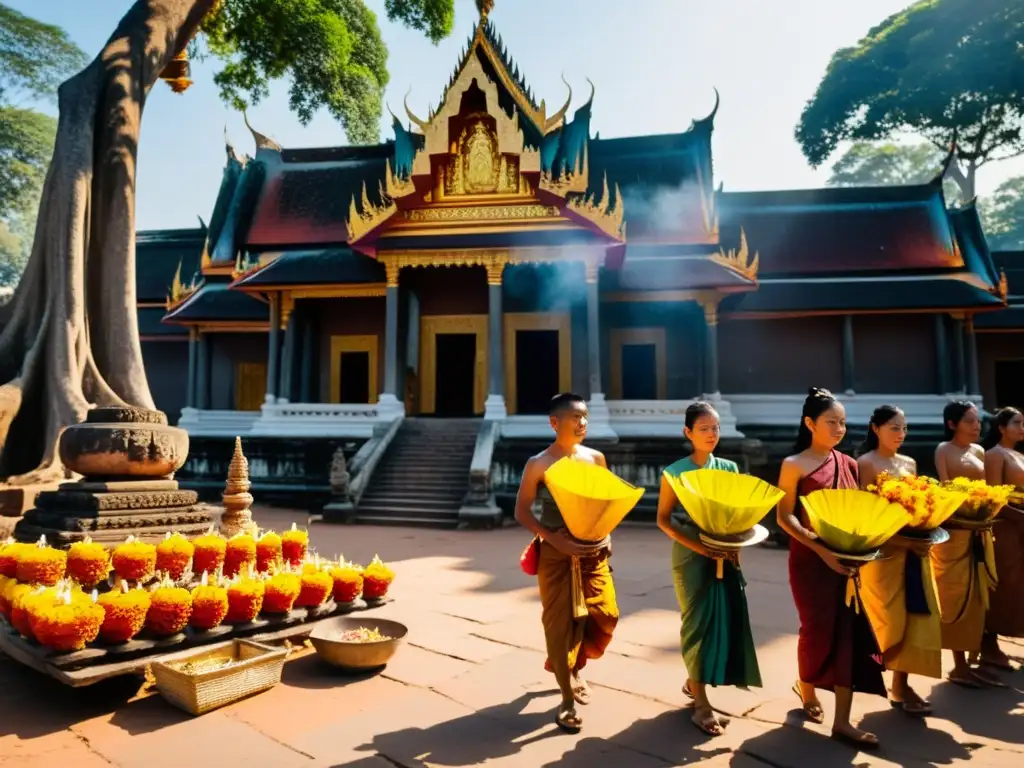 Colorido festival Pchum Ben en Camboya ancestral: gente vistiendo trajes tradicionales hace ofrendas ante templo adornado