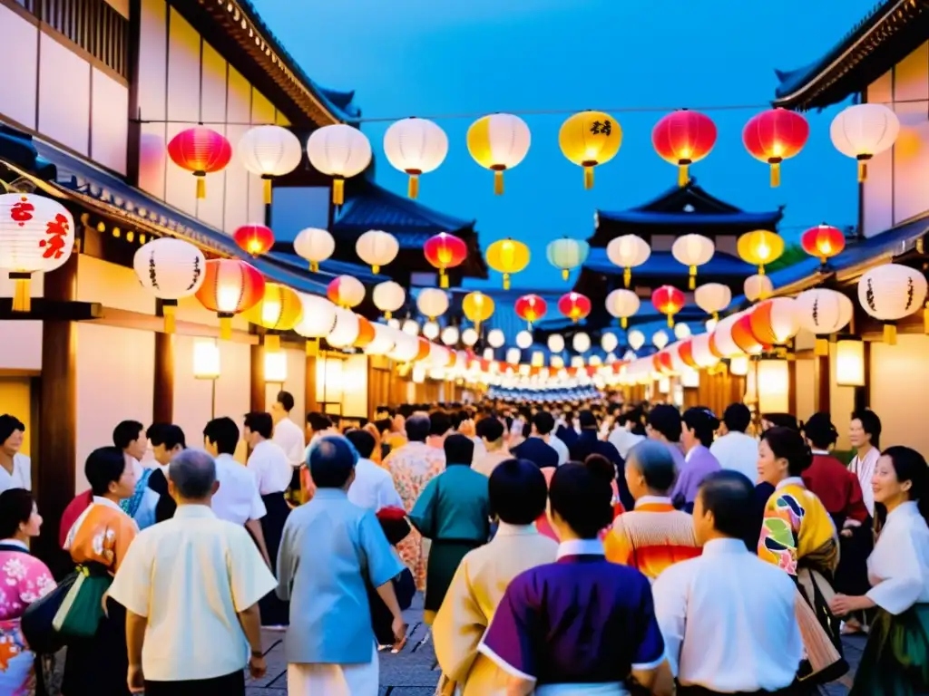 Colorido Festival Obon honrando ancestros Japón: luces, danzas y tradiciones en bulliciosa calle japonesa