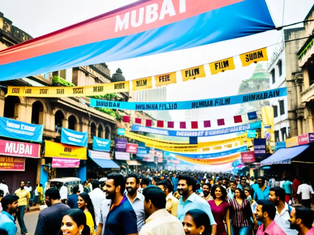 Colorido festival de cine en India, con bulliciosa calle de Mumbai llena de gente y carteles promocionando películas