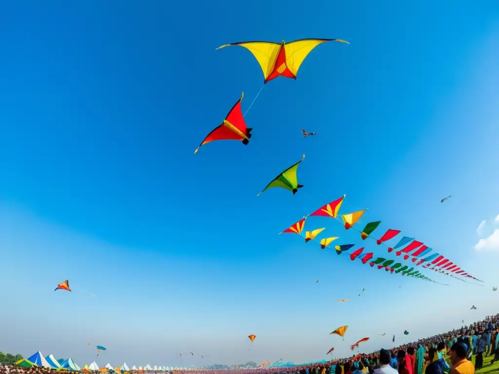 Colorido festival de cometas tradicionales asiáticas con diseños míticos y multitud animada