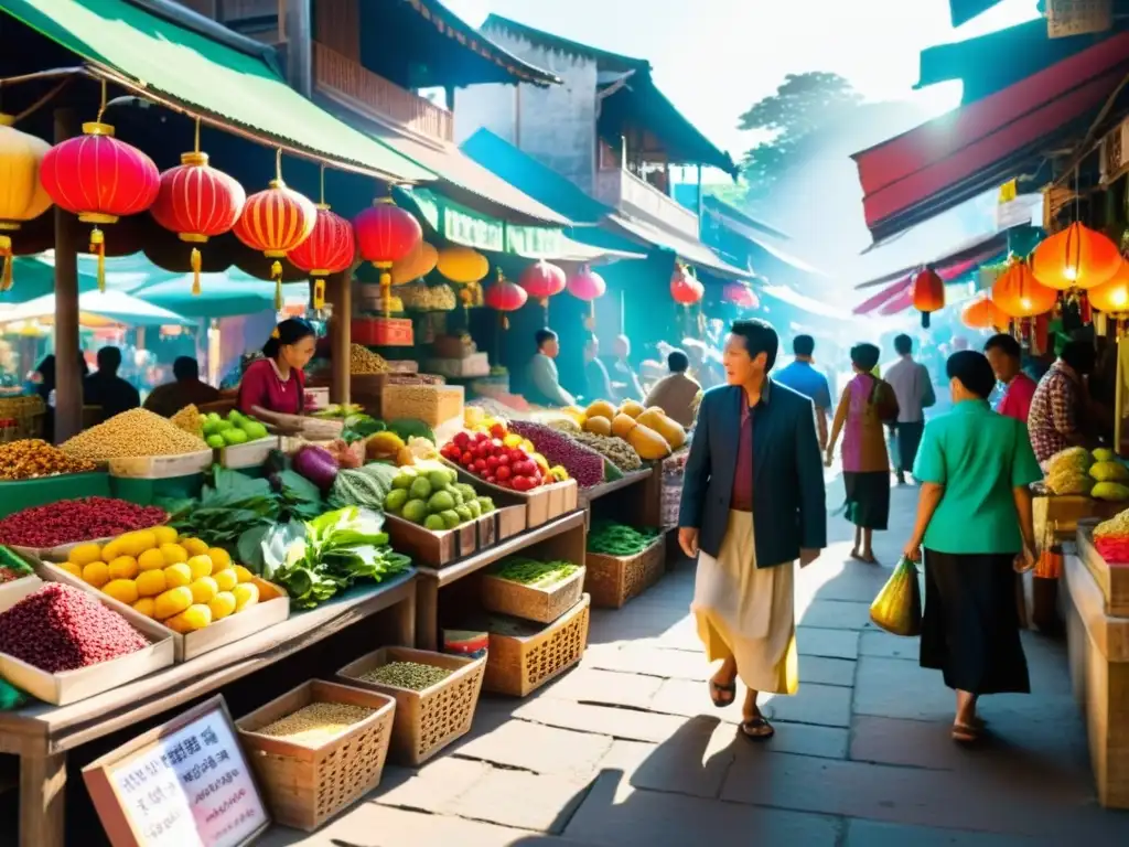 Colorido mercado asiático con frutas frescas y especias exóticas, reflejando la autenticidad y riqueza cultural