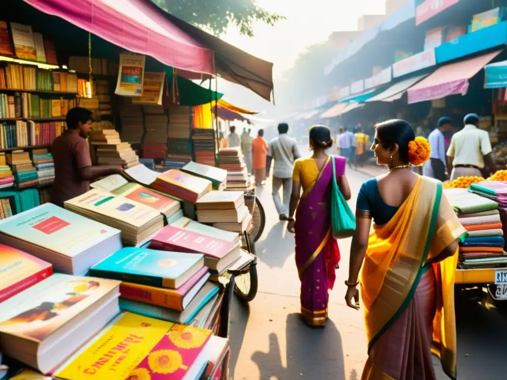 Colorido mercado callejero en Delhi, India, con mujeres en saris tradicionales hojeando novelas románticas