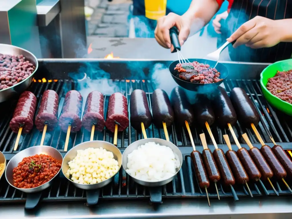 Colorido mercado callejero en Corea del Sur, con preparación de sundae y una animada multitud disfrutando de la cultura culinaria coreana tradicional