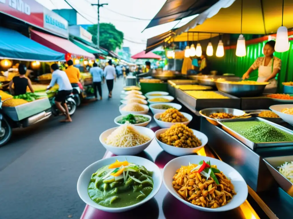 Colorido mercado callejero en Bangkok, Tailandia, con puestos de comida y ambiente animado