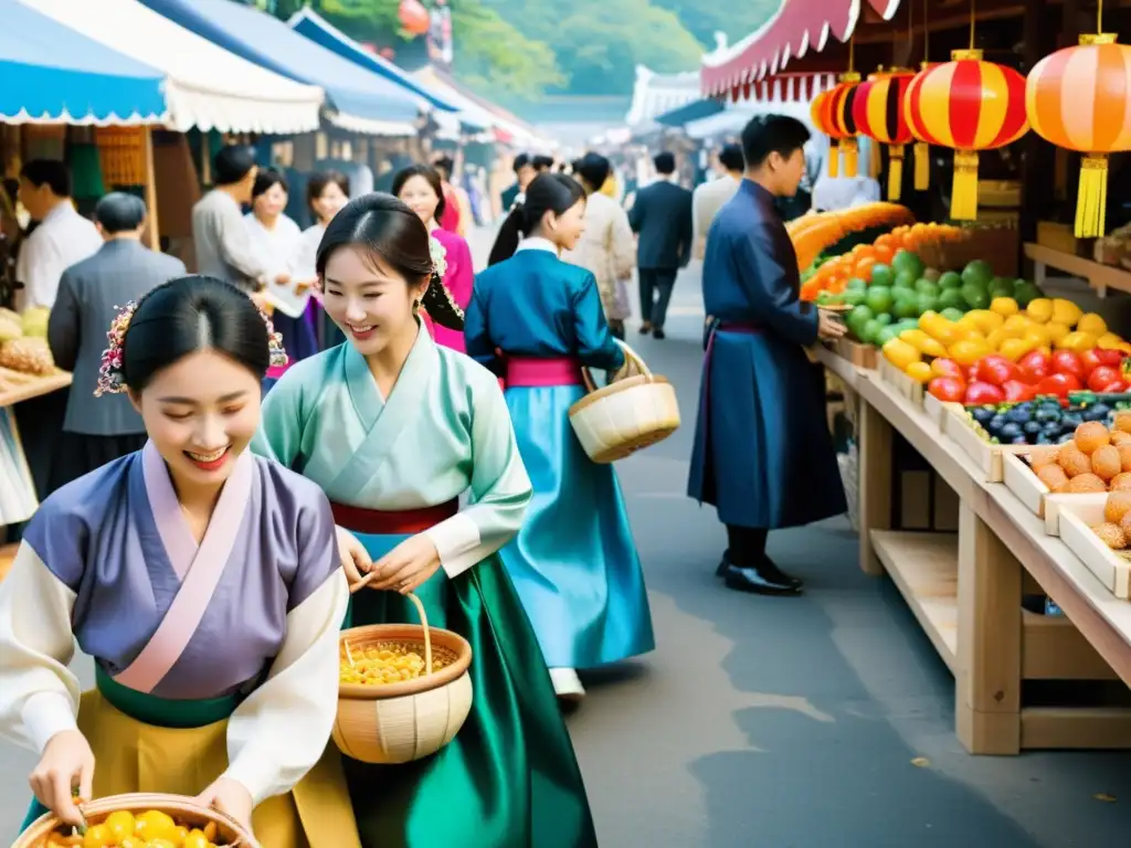 Colorido mercado durante el Festival Chuseok, con danzas tradicionales y productos vibrantes