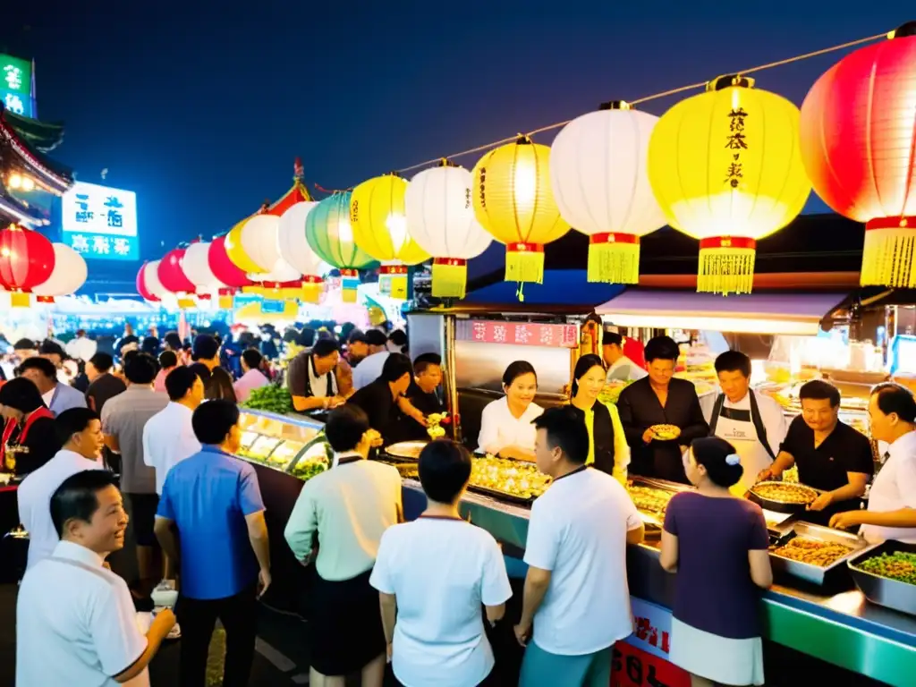 Colorido mercado nocturno en Taipei, Taiwan, con restaurantes pop-up exclusivos Asia y chefs preparando exquisita comida bajo neón
