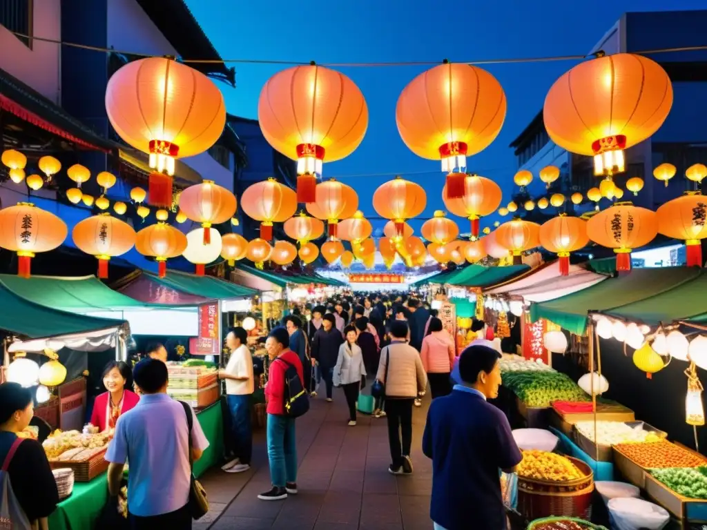 Colorido mercado nocturno en Taipei, Taiwán, con puestos de comida y artesanías bajo brillantes farolillos, reflejando la animada cultura de los night markets en Taiwán y la experiencia cultural asiática para un MBA en Taiwán cultura asiática