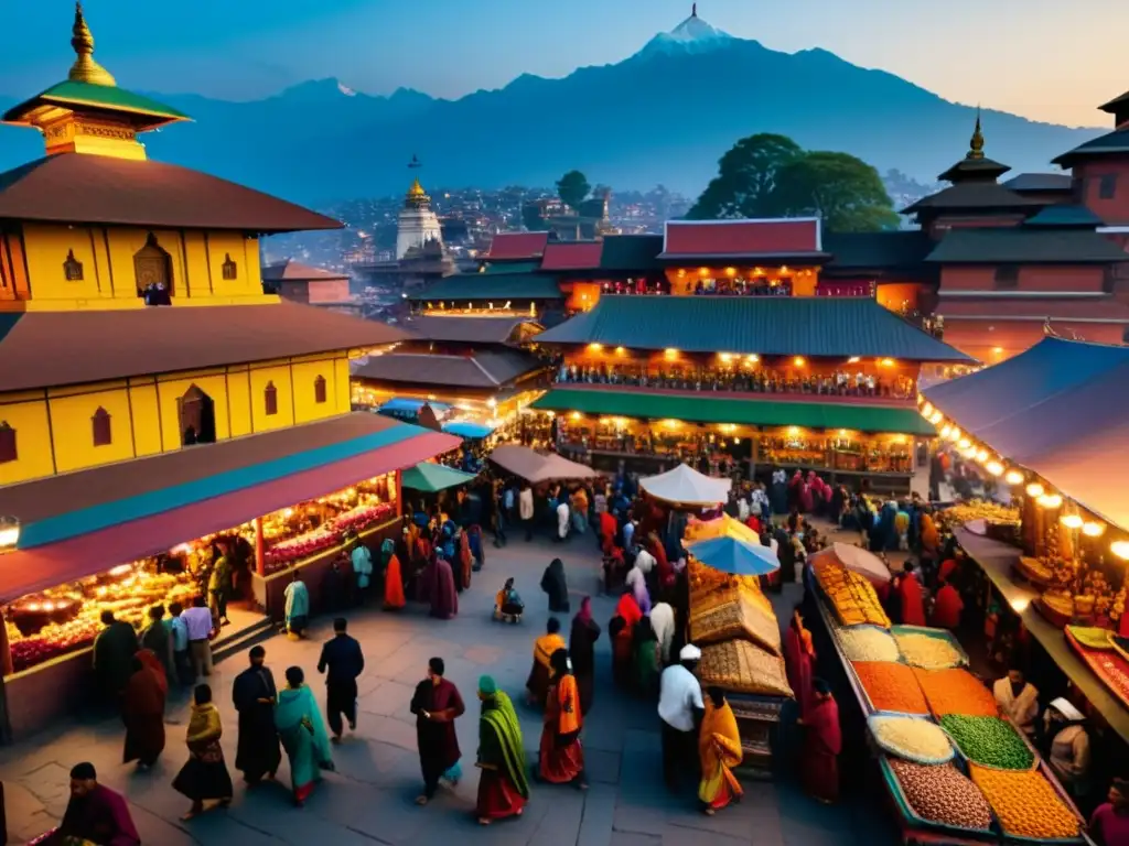 Colorido mercado en Kathmandu, Nepal, con ropa tradicional y templos hindúes