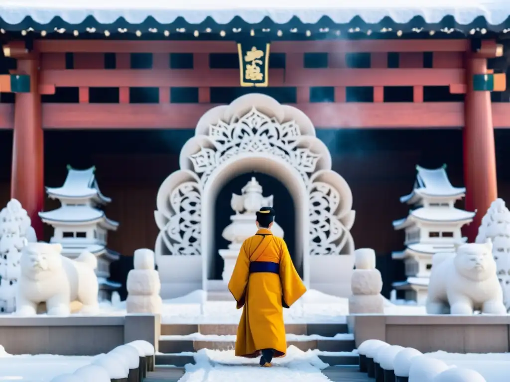 Colorido ritual shintoísta en el Festival de la Nieve Sapporo, con sacerdotes, esculturas de nieve y una atmósfera mágica