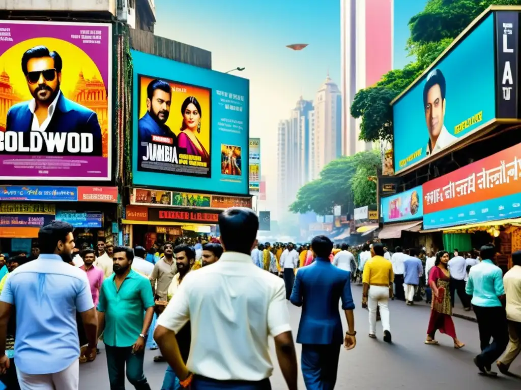 Coloridos arquetipos en el Cine de Bollywood representativos en vibrante calle de Mumbai, con posters impactantes y gente maravillada