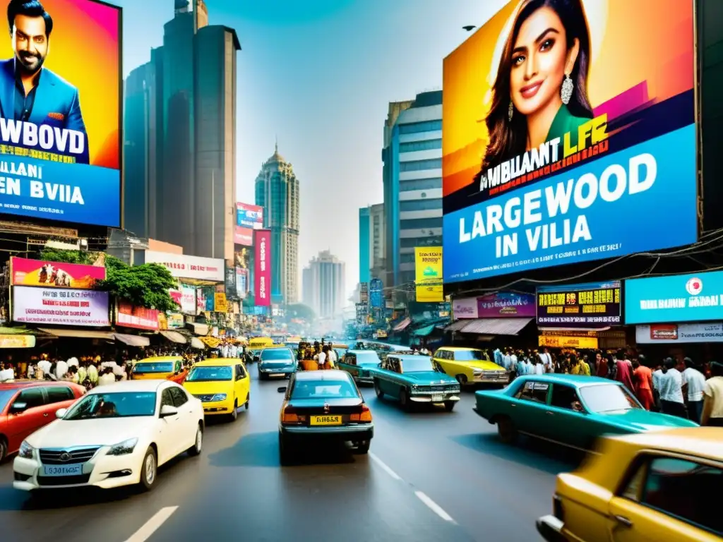 Coloridos arquetipos en el cine de Bollywood representativos, plasmados en bullicioso Mumbai con vallas publicitarias de películas