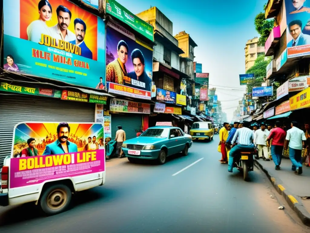 Coloridos carteles de Bollywood en una bulliciosa calle de Mumbai, capturando arquetipos en el Cine de Bollywood representativos