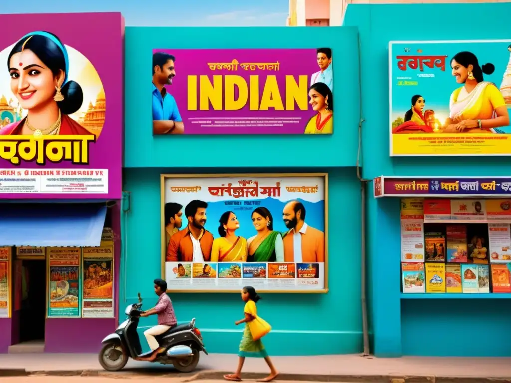 Coloridos pósters de películas animadas indias arte adornan una bulliciosa calle, capturando la energía y emoción de la animación en la India