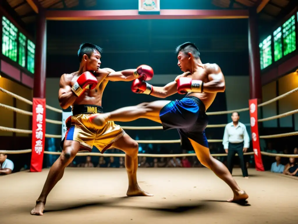 Combate de Muay Thai en templo tailandés, con luchadores en atuendo tradicional y audiencia, mostrando la intensidad y tradición del arte marcial