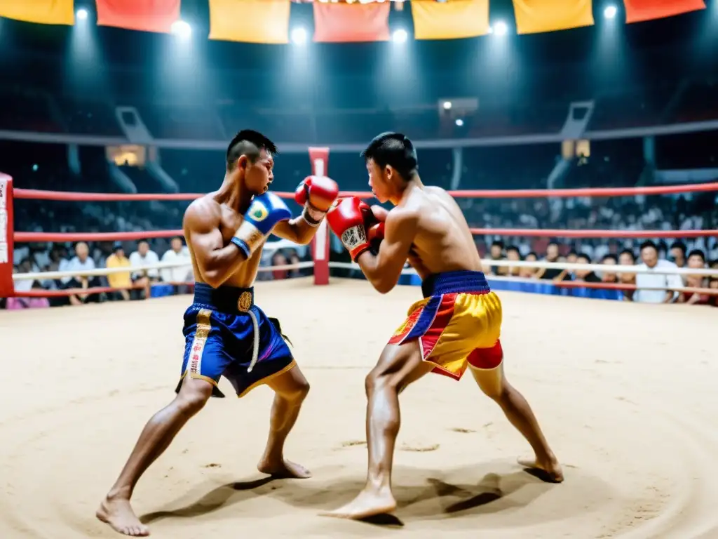 Un combate tradicional de Muay Thai en una bulliciosa arena al aire libre, con luchadores en trajes coloridos realizando una danza previa