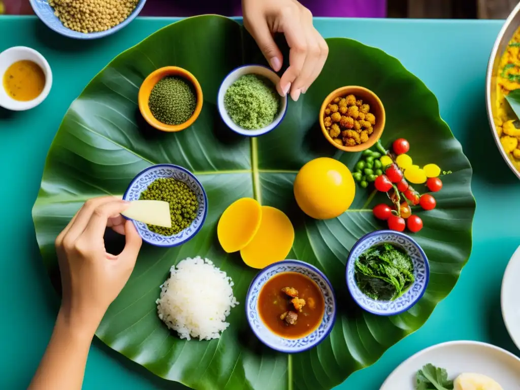 Preparación de comida tradicional Jainista en plato de hoja con variedad de platillos coloridos y detallados