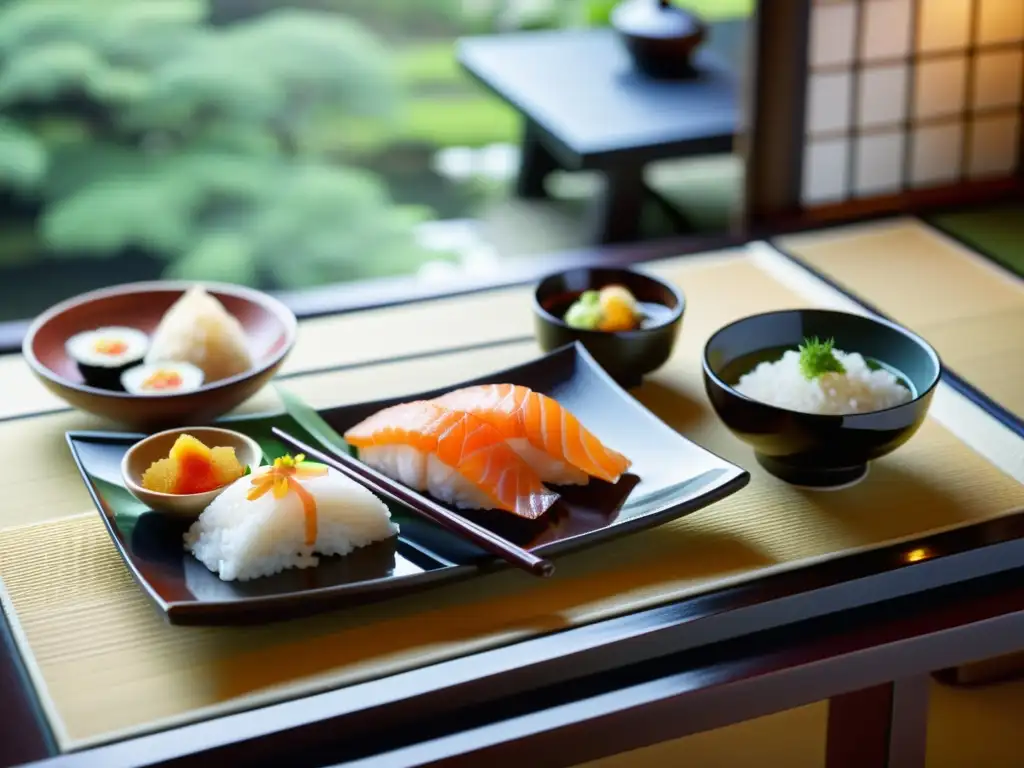 Una comida tradicional japonesa en elegante vajilla lacada, rodeada de tranquilidad y autenticidad cultural