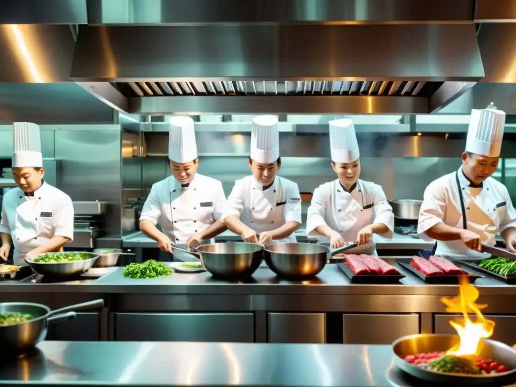 Competencia de chefs celebridades en una bulliciosa y prestigiosa cocina de alta gama en Asia, con un ambiente intenso y creativo