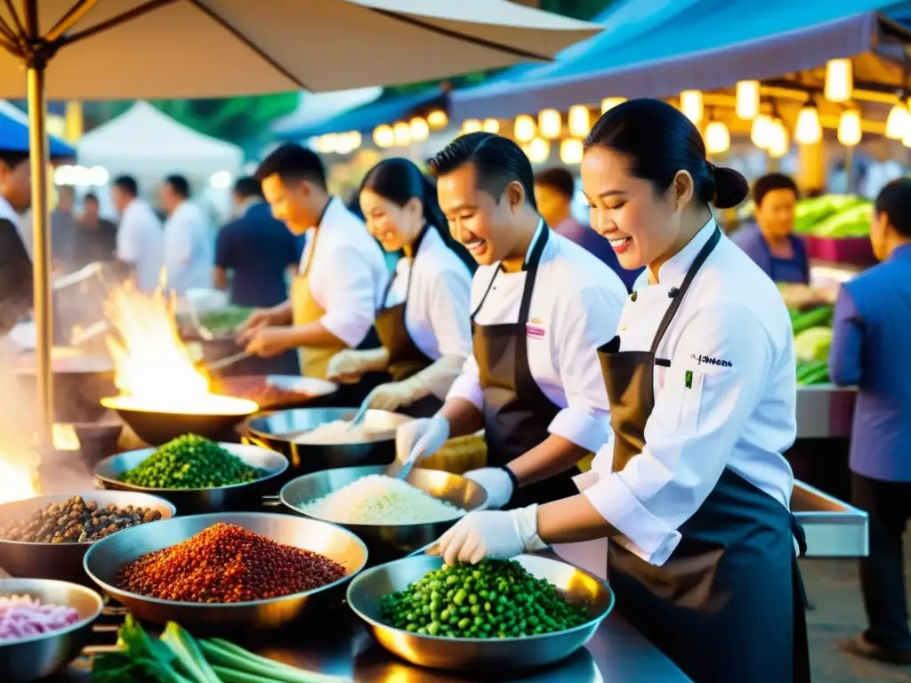 Competencia de chefs celebridades en un bullicioso mercado de comida al aire libre en Asia, con platos vibrantes y una multitud entusiasta