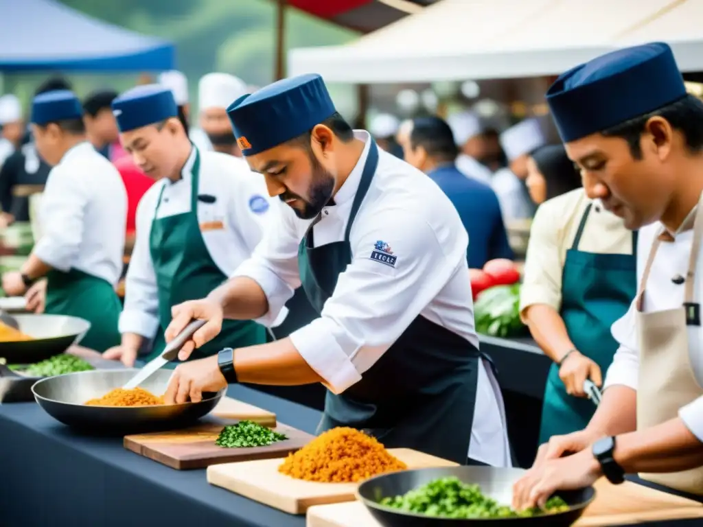 Competencia de chefs celebridades en un bullicioso mercado al aire libre de Asia, con intensa energía y emoción culinaria