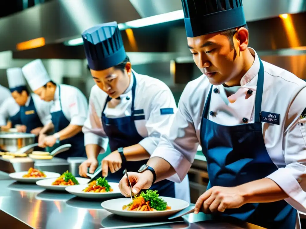 Competencia de chefs celebridades en Asia: dos chefs detallistas en pleno duelo culinario, plasmando platos en una arena de alta cocina