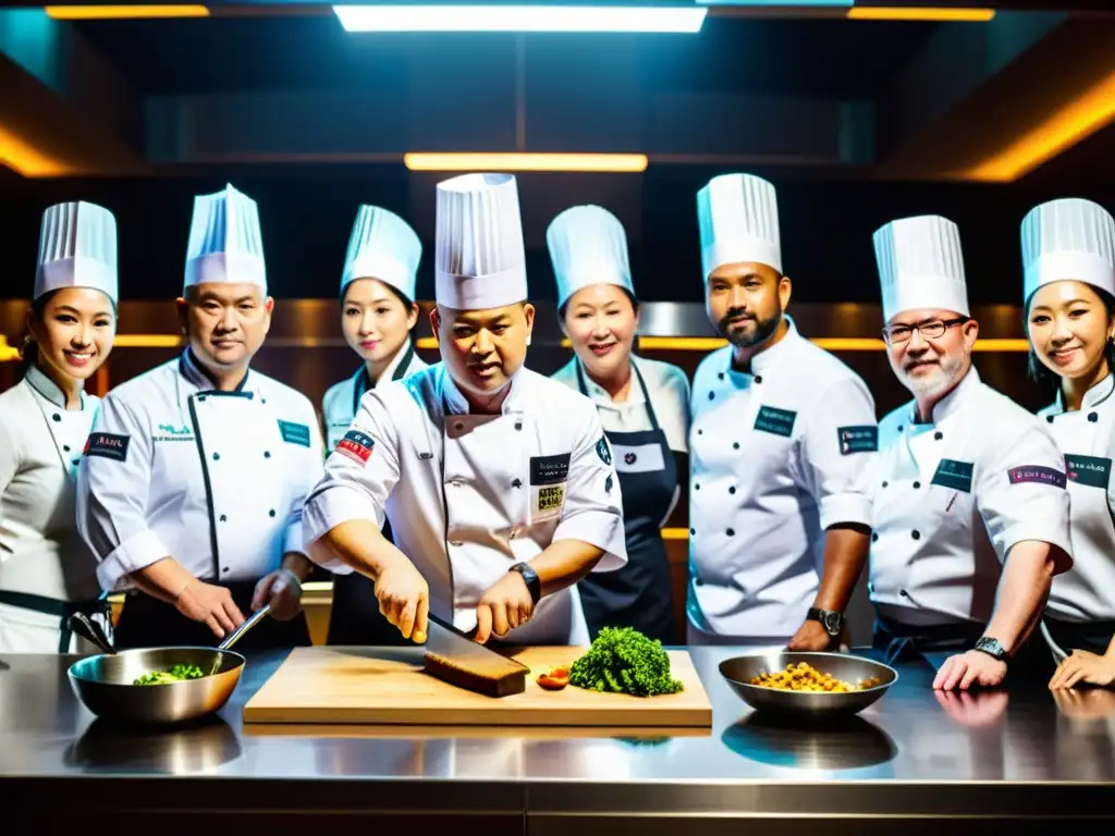 Competencia de chefs celebridades en una cocina asiática moderna, con un ambiente tenso y competitivo bajo las luces brillantes