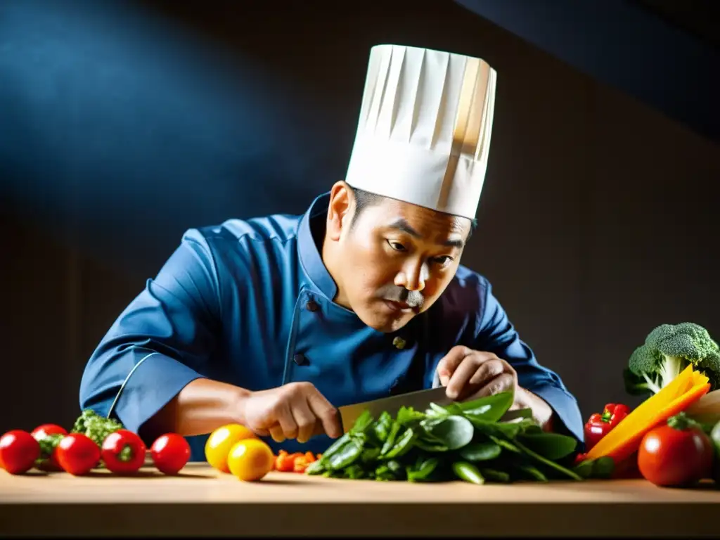 Competencia chefs celebridades Asia: Renombrado chef asiático cortando con precisión una colorida variedad de vegetales exóticos en una cocina intensa