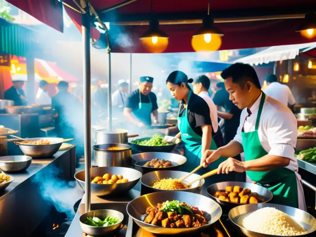 Competencia de chefs celebridades en un vibrante mercado de comida asiática, con clientes entusiastas y chefs expertos preparando platos coloridos