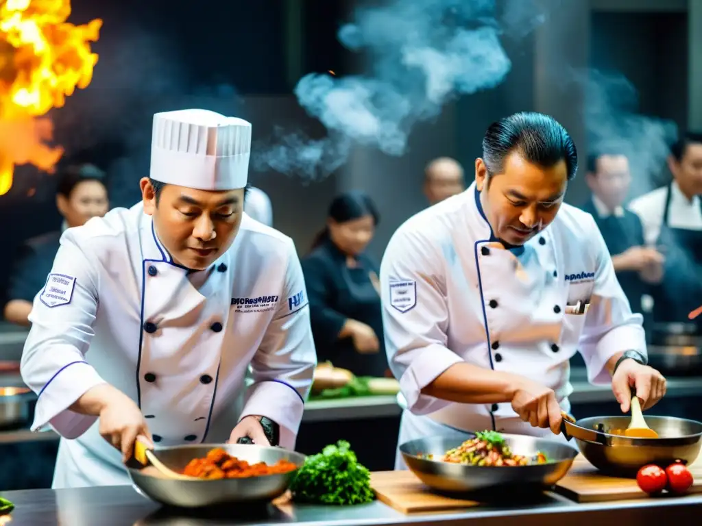 En una competencia culinaria, dos chefs celebridades de Asia compiten intensamente en la cocina, mostrando su destreza y determinación