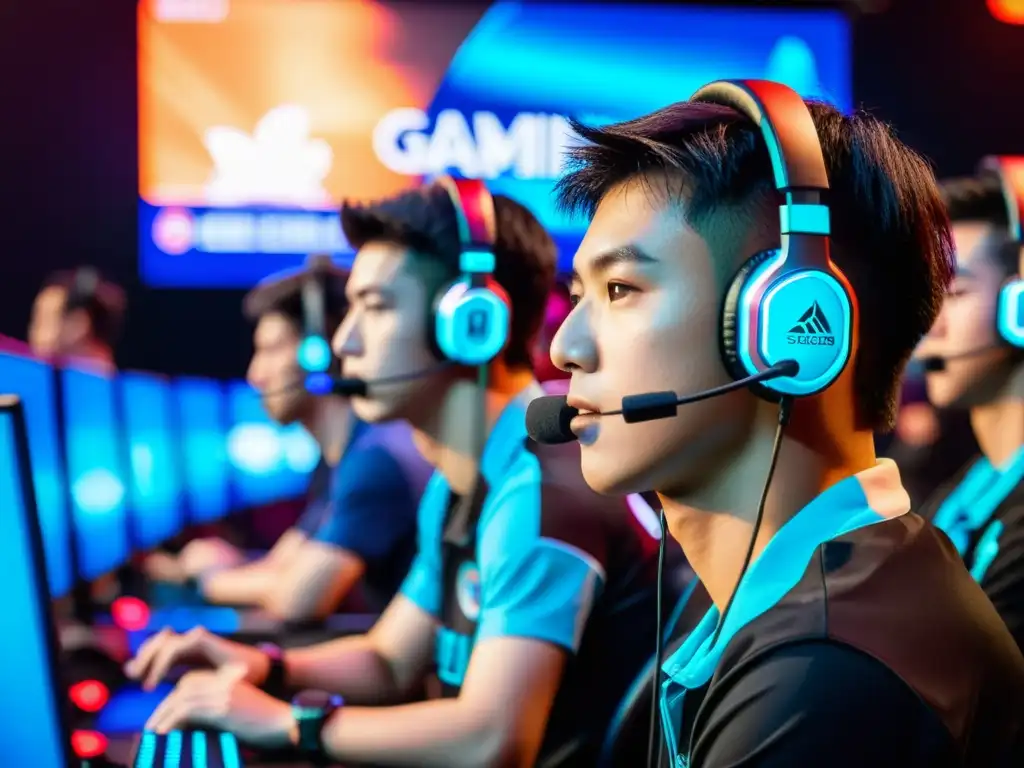 Competencia intensa en eSports Asiáticos con jugadores concentrados en el escenario, rodeados de tecnología y público diverso