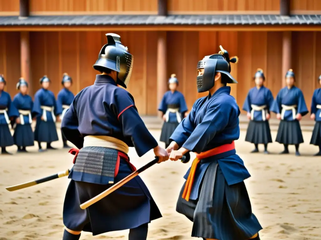 Competencia de kendo en ambiente sereno de montaña, con luchadores samurai mostrando herencia samurái artes marciales con intensidad y precisión
