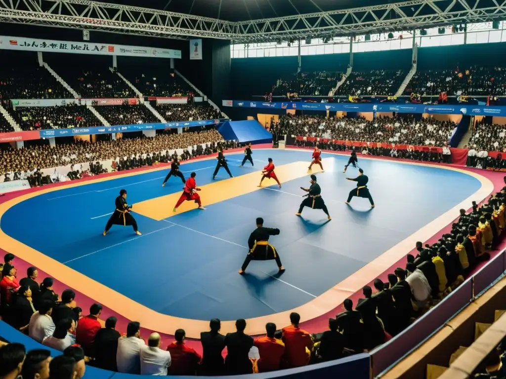 Competencia vibrante de Pencak Silat en un estadio lleno, reflejando la expansión global de esta estrategia marcial