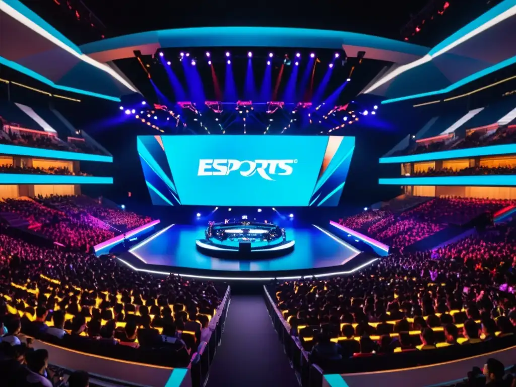 Competencias de eSports asiáticos: Arena llena, fanáticos vibrantes y equipos profesionales compitiendo en un escenario brillantemente iluminado