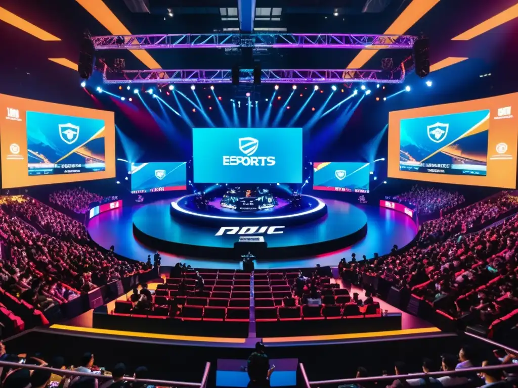 Competencias de eSports asiáticos: Arena llena, fans animados, jugadores concentrados y ambiente electrizante en Asia