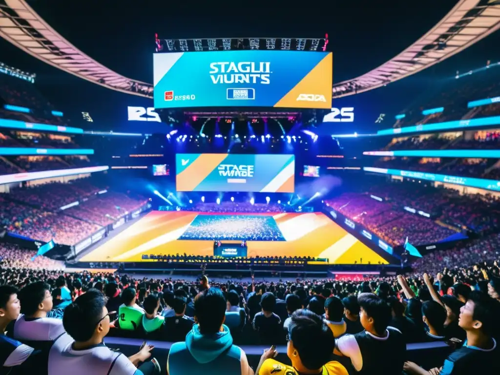 Competencias de eSports asiáticos: Estadio lleno de entusiastas fans, vibrante atmósfera y acción intensa en pantalla gigante