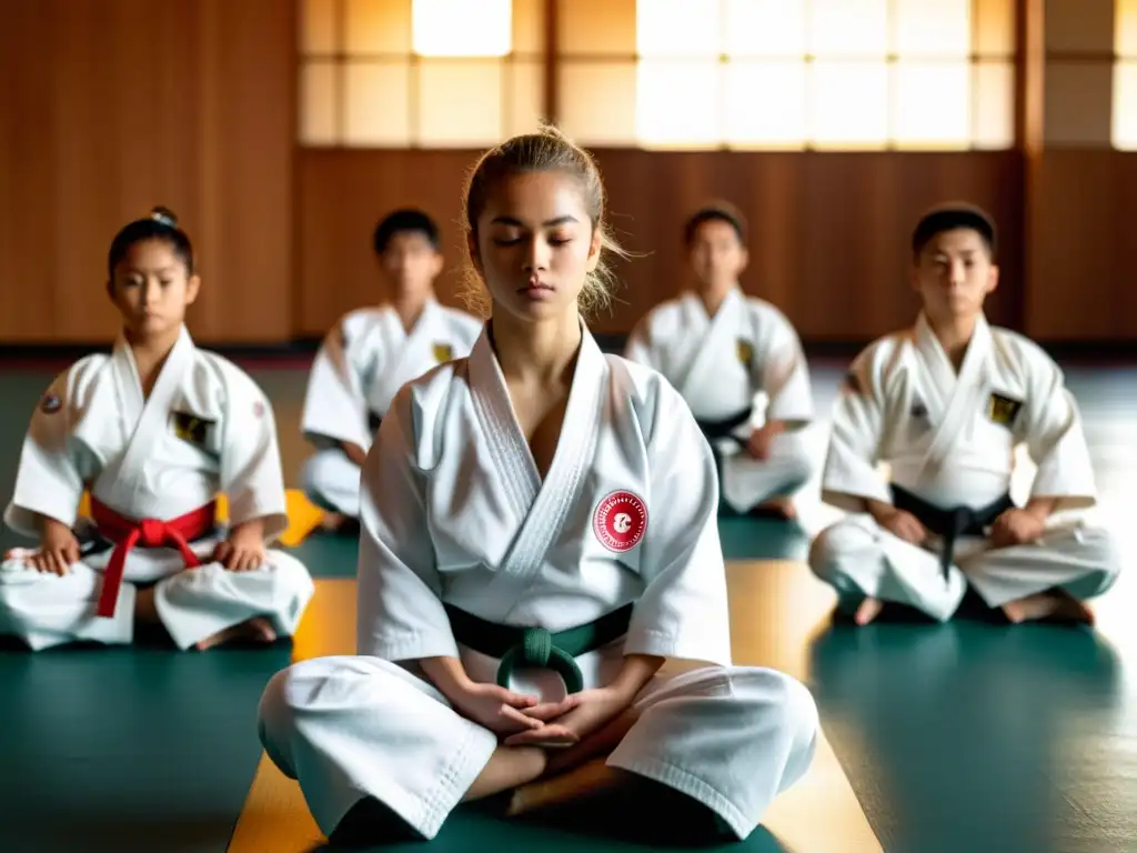 Un competidor de karate medita en el suelo del dojo al amanecer, rodeado de una luz dorada