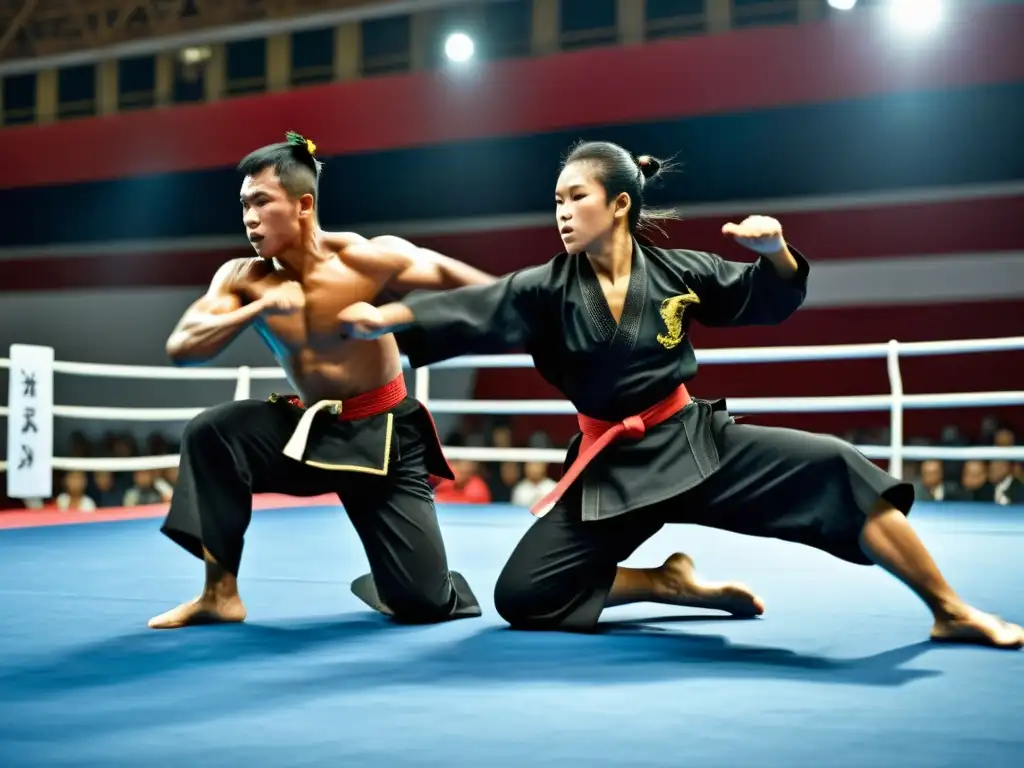 Competidores de silat ejecutan técnicas tradicionales con intensidad y agilidad en Indonesia, mostrando autenticidad cultural