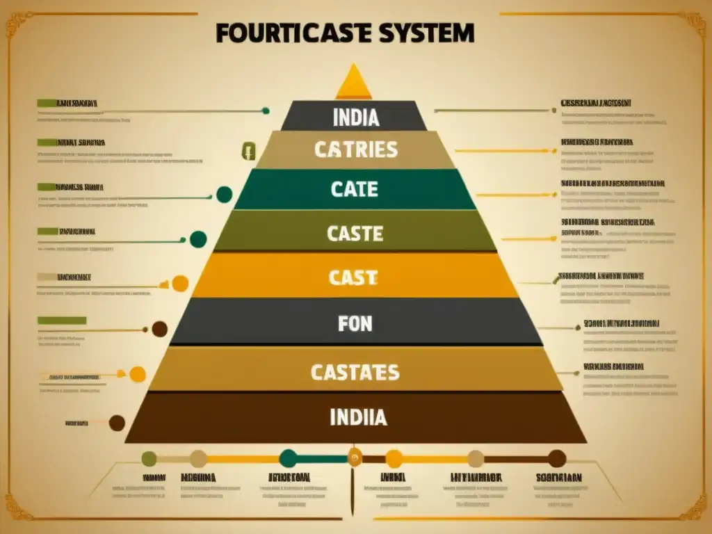 Compleja jerarquía del Sistema de castas en India, con ilustraciones detalladas y descripciones de cada nivel social