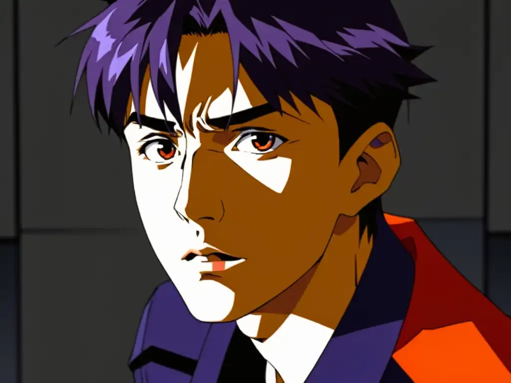 Shinji Ikari de 'Neon Genesis Evangelion' muestra complejidad psicológica en su expresión reflexiva y la iluminación sombría