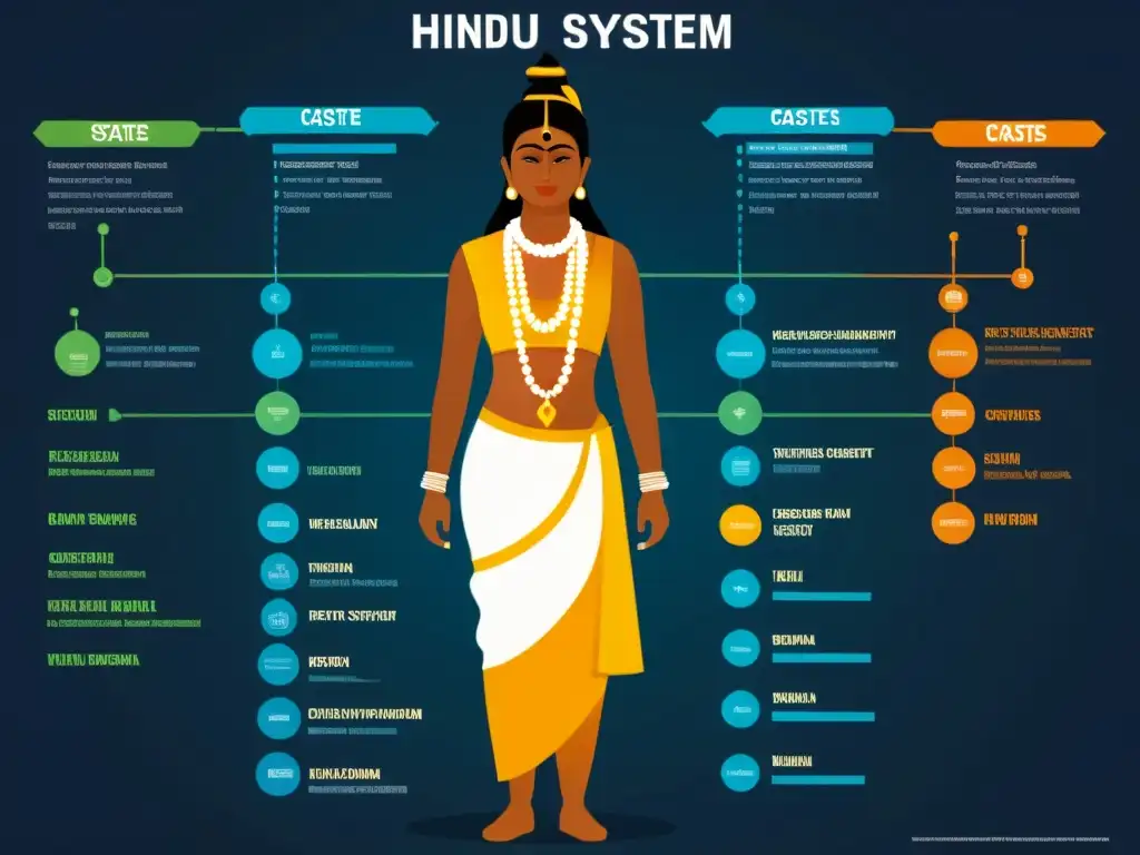 Complejo diagrama de las castas del hinduismo, detallado y colorido