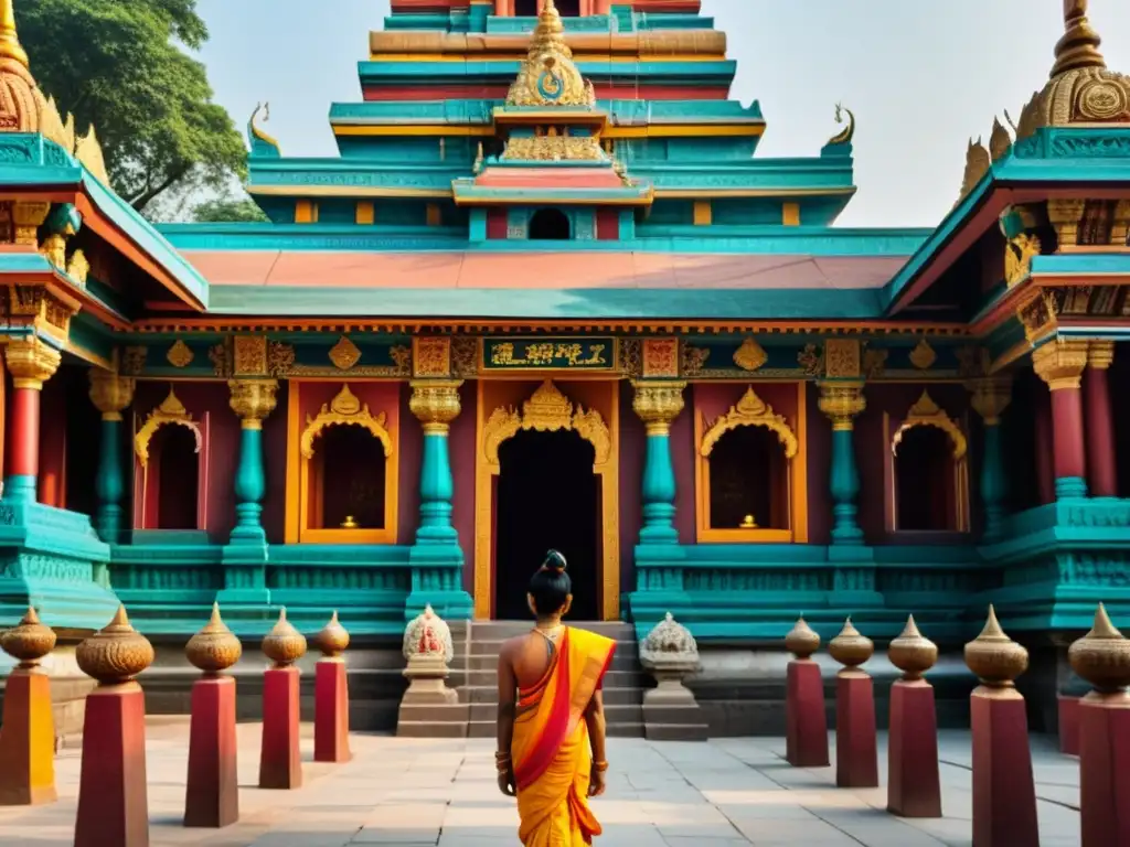 Complejo de templo hindú en Asia: Intrincadas esculturas, deidades coloridas y rituales, reflejando la influencia del Hinduismo en Asia