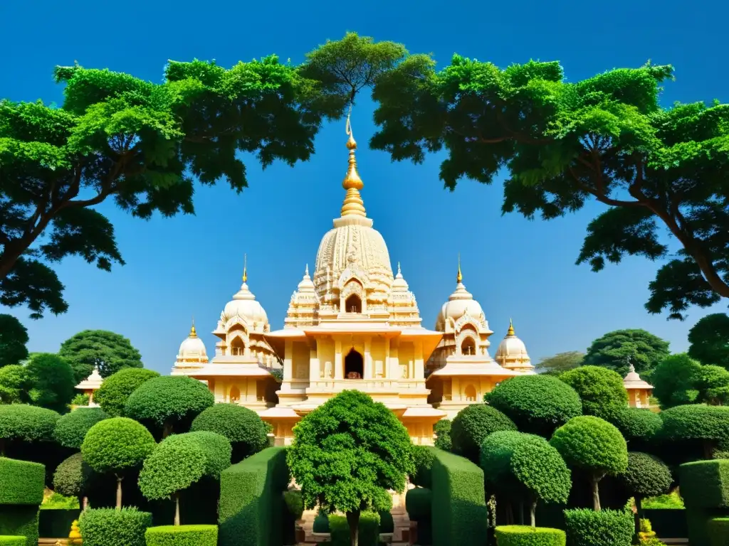 Santuario Jain: belleza divina entre la naturaleza Complejo del templo jainista con espirales de mármol, detalles arquitectónicos intrincados y devotos realizando rituales