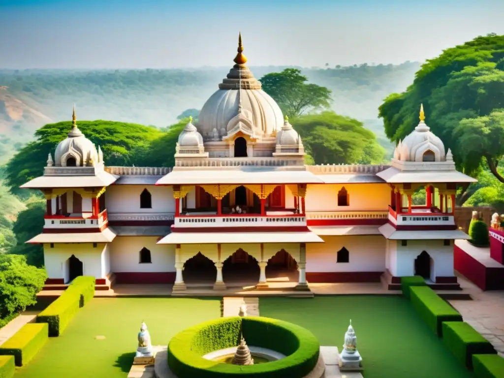 Templo Jainista en India: Devotos y Detalles Complejo del templo jainista en la India con prácticas contemporáneas del jainismo hoy, decoraciones detalladas y rituales tradicionales entre exuberante vegetación