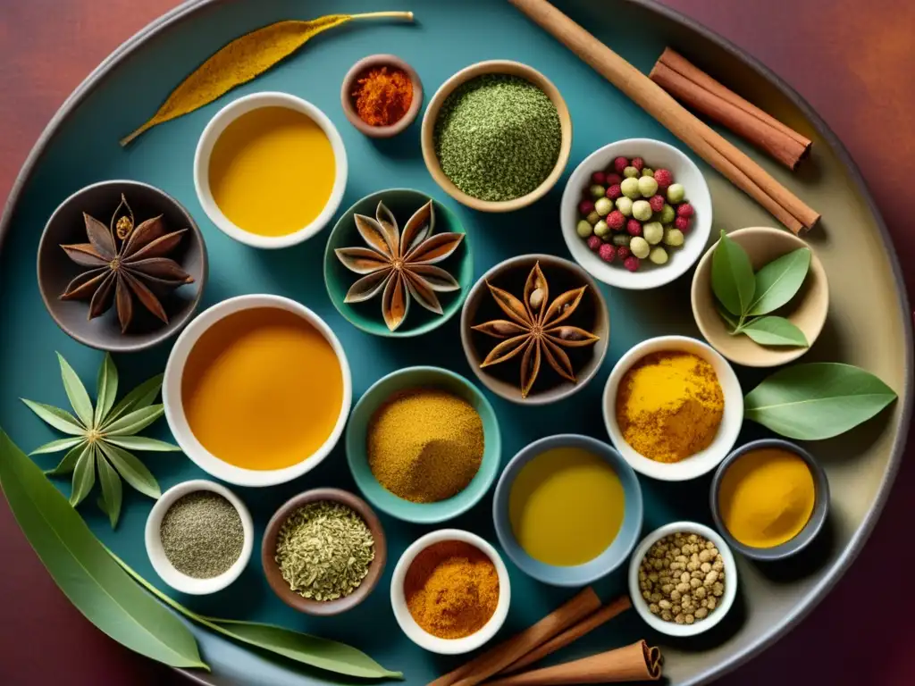 Una composición colorida de especias y hierbas Ayurveda en cuencos, iluminada naturalmente, evoca los Principios Ayurveda dieta occidental