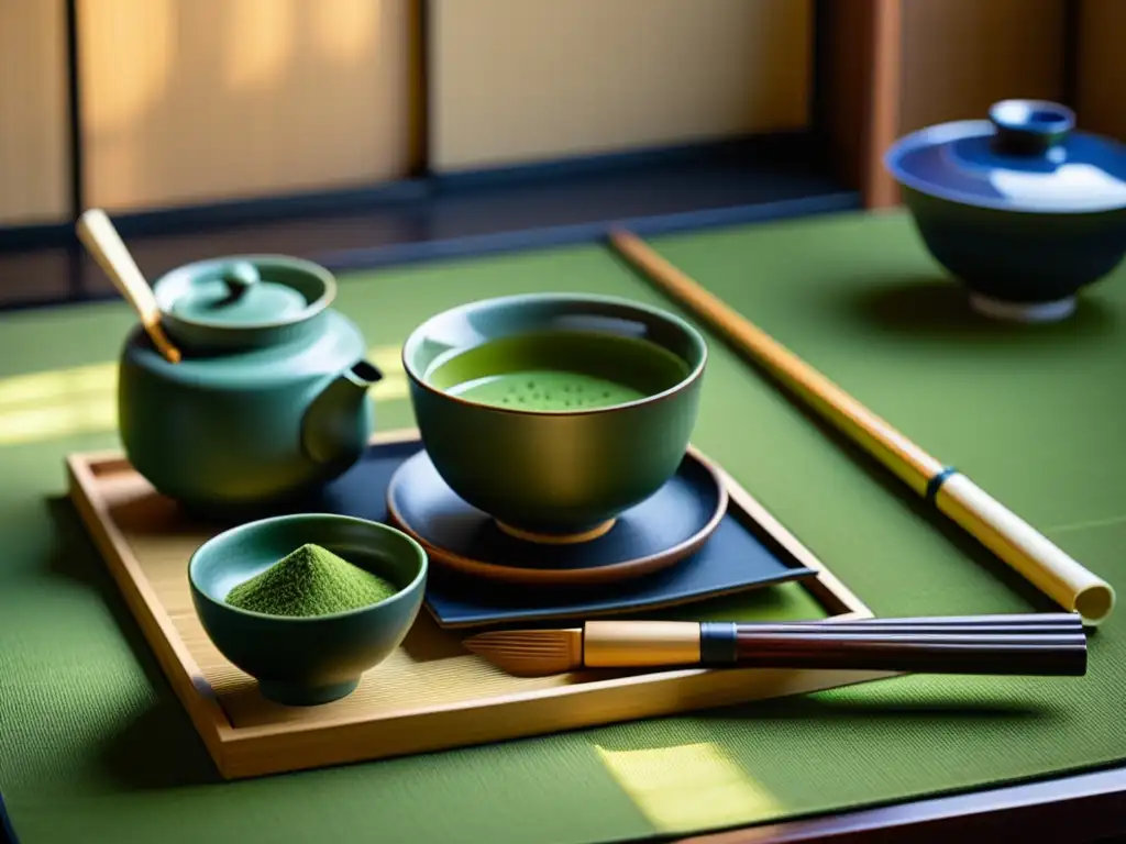 Una composición serena y meticulosa de una tradicional ceremonia del té matcha