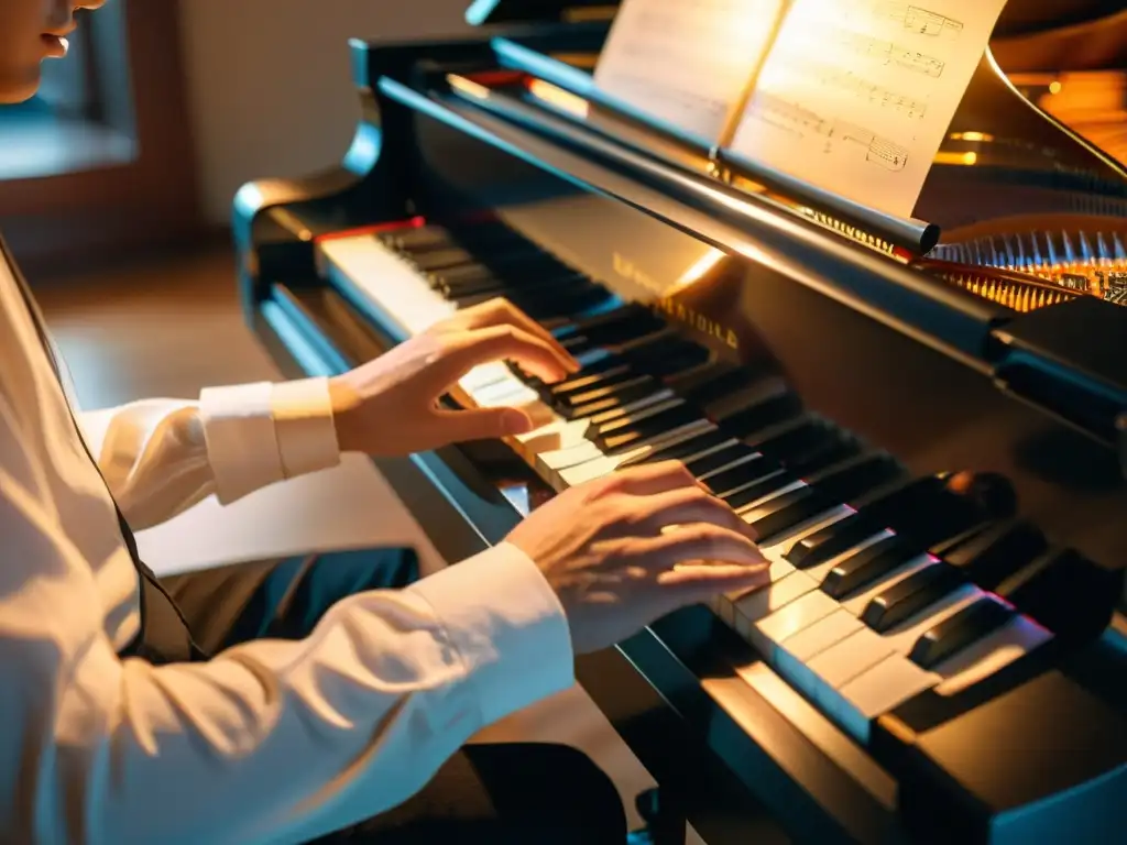 Un compositor concentra su pasión al organizar partituras en un piano de cola, evocando la importancia de la música en anime