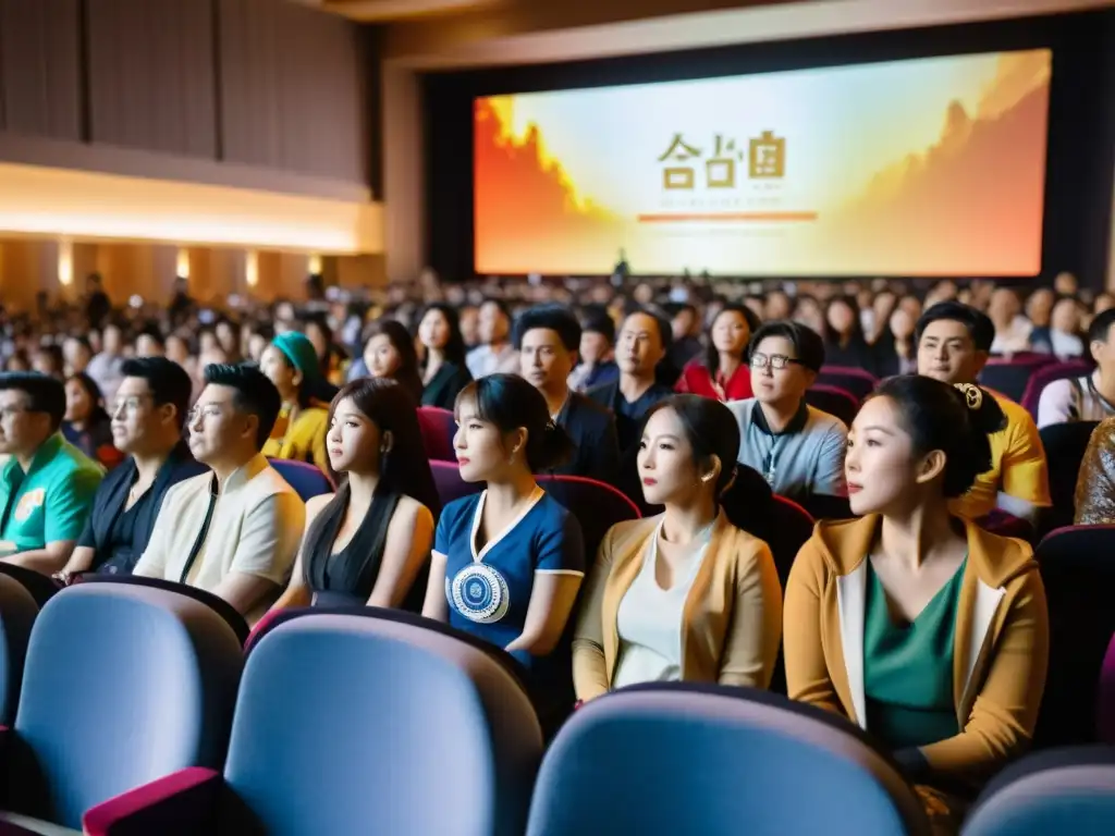 Apasionados fans disfrutan de emocionante serie asiática en convención Comunidades de fans de series asiáticas disfrutan de una proyección en una convención, inmersos en un ambiente cálido y vibrante